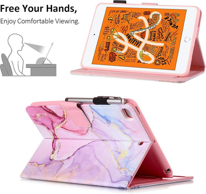 Ipad Mini 5 Case Mini 4 Mini 3 2 Cover,  Smart Wake Sleep Flip Stand Case Soft PU Leather Protective Case with Card Slot Pen Holder for Apple Ipad Mini 1 2 3 4 5 - Pink Marble