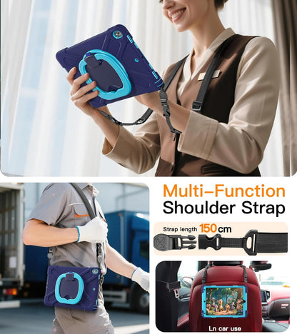 Ipad Pro 10.5 Case 2017 Released/Ipad Air 3Rd Generation Case 2019 Release; Rugged Heavy Duty Protective Cover with Pencil Holder, 360° Swivel Stand, Shoulder Strap; for Kids (Navy Blue+Blue)