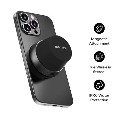 MOMAX 1-Vibe Go: Magnetic Wireless Speaker & Phone Stand with IPX6 Waterproof Protection