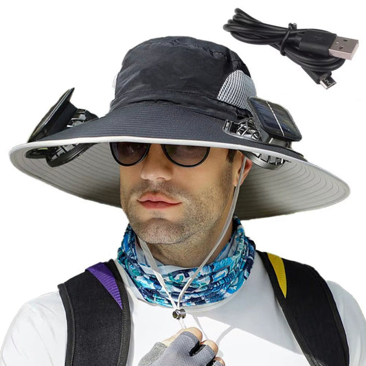 Outdoor Sun Hat with 2 Fan Large Brim Windproof Strap Solar or USB Charging anti UV Sun Outdoor Fishing Camping Cap